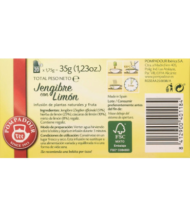 Infusión Jengibre con Limón POMPADOUR 20 Bolsitas