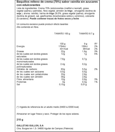 Diet Nature Barquillo de Vainilla Sin azúcares  GULLÓN 210 Gr